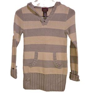 ELLEMENNO Cozy Knit Sweater w/ Hood & Front Pockets Striped Gray & Tan Girls L